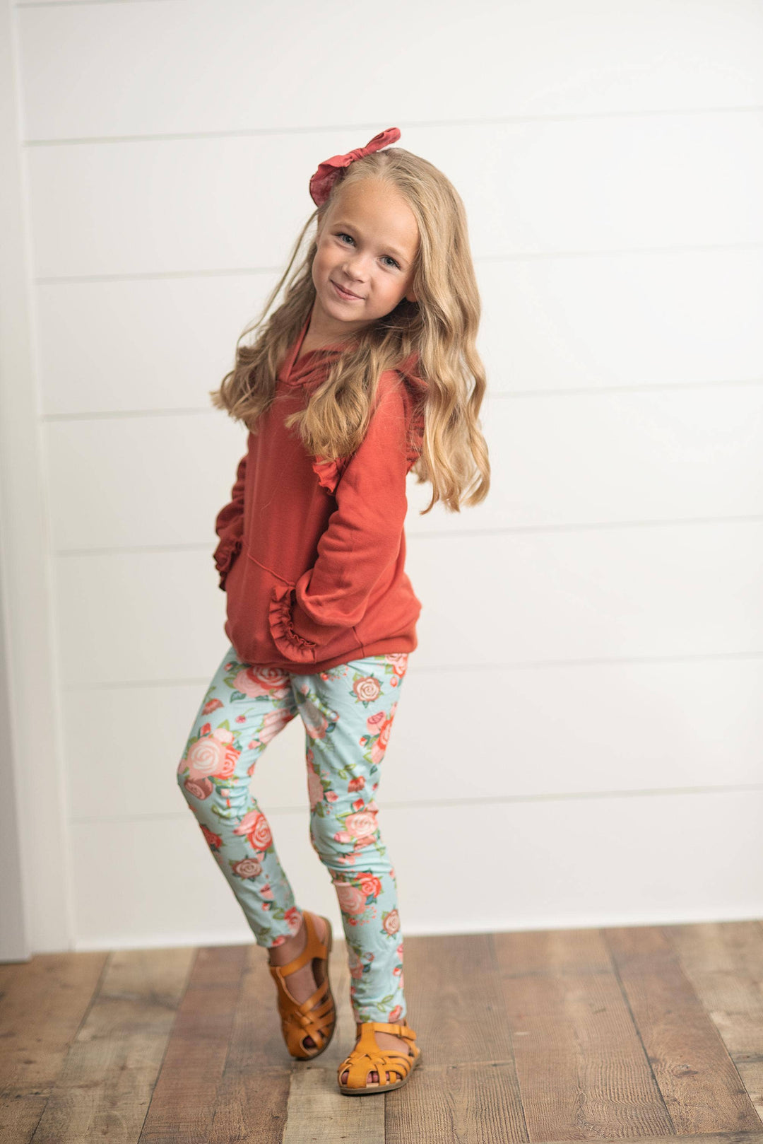 Kids Rust Pocket Ruffle Hoodie Shirt &amp; Leggings Fall Set