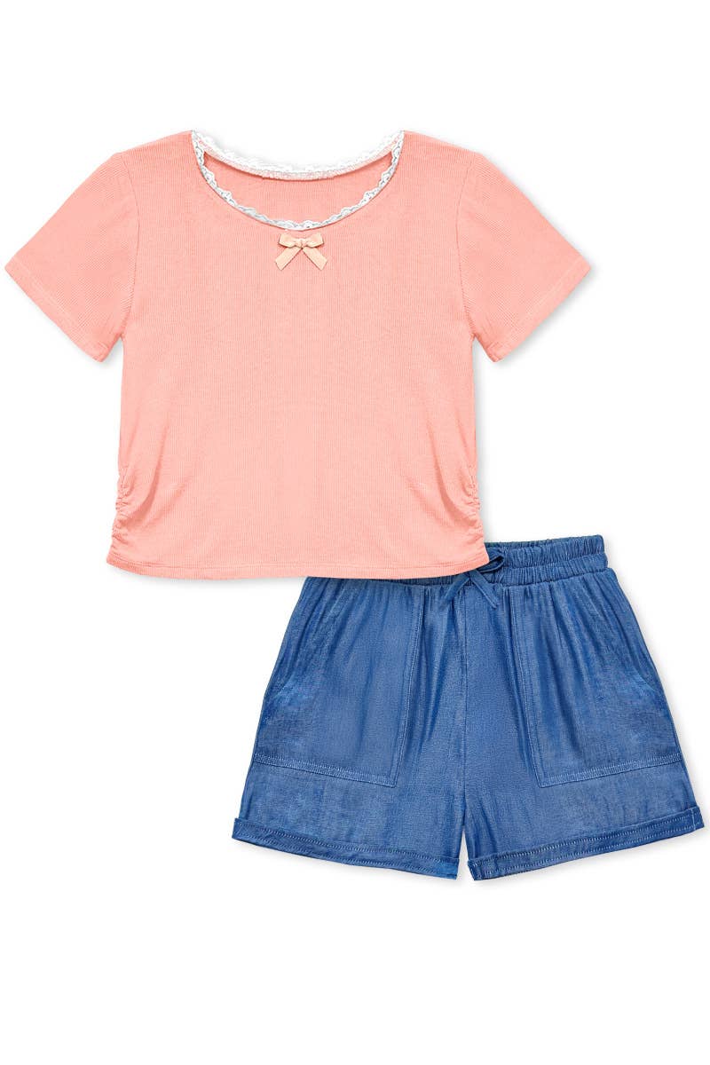 Toddler 2 pc Ribbed Knit/Chambray Short Set