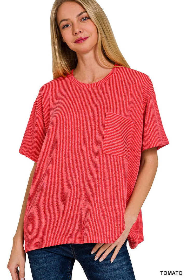 42POPS - Corded Rib Short Sleeve Front Pocket Top