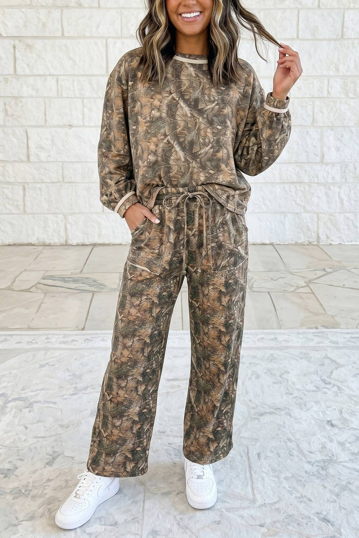 Abstract Camo Print Long Sleeve Pants 2 Piece Set