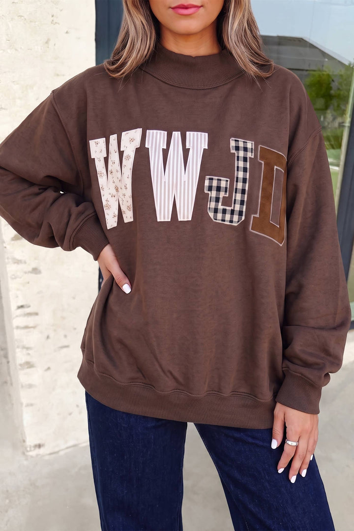 WWJD Embroidered Patch Mock Neck Sweatshirt