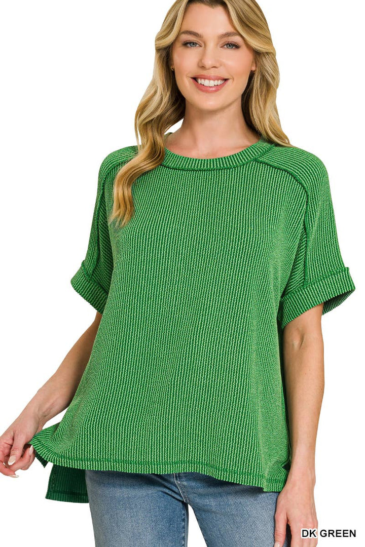 Textured Line Short Cuff Sleeve Raw Edge Top