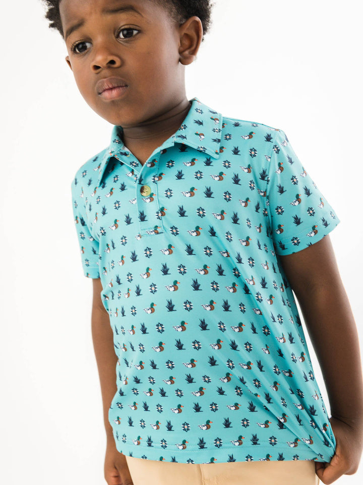 RuffleButts  - Boys Dapper Ducks Knit Short Sleeve Performance Polo
