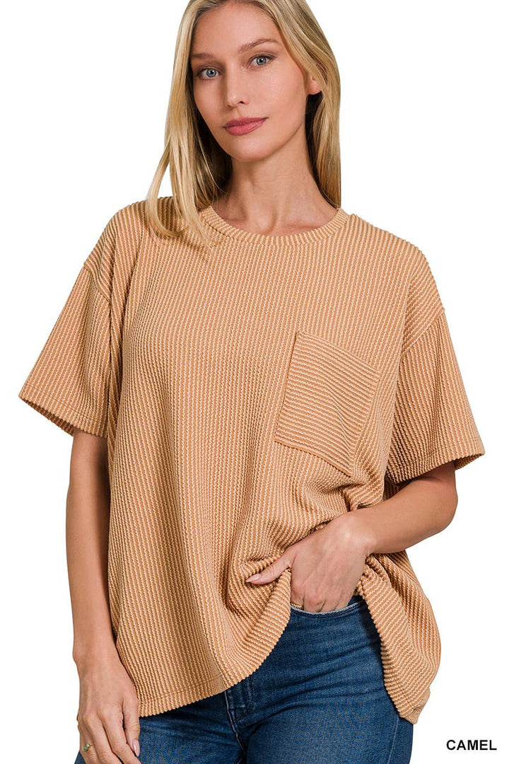 42POPS - Corded Rib Short Sleeve Front Pocket Top