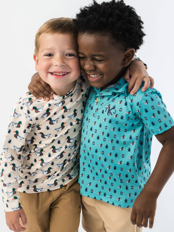 RuffleButts  - Boys Dapper Ducks Knit Short Sleeve Performance Polo