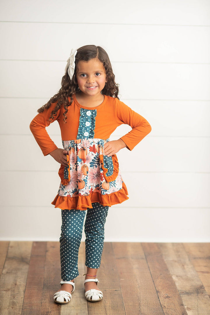 Kids Sage &amp; Pumpkin Ruffle Pocket Polka Dot Fall Pant Set