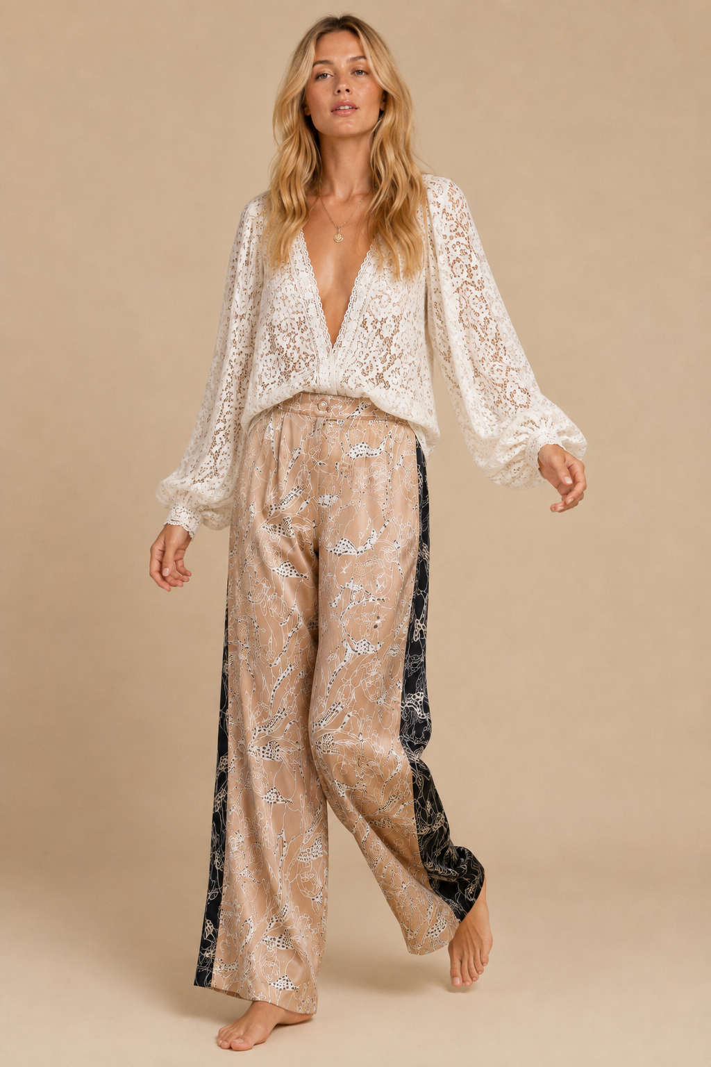 J.NNA - Two-Tone Abstract Floral Wide-Leg Trousers