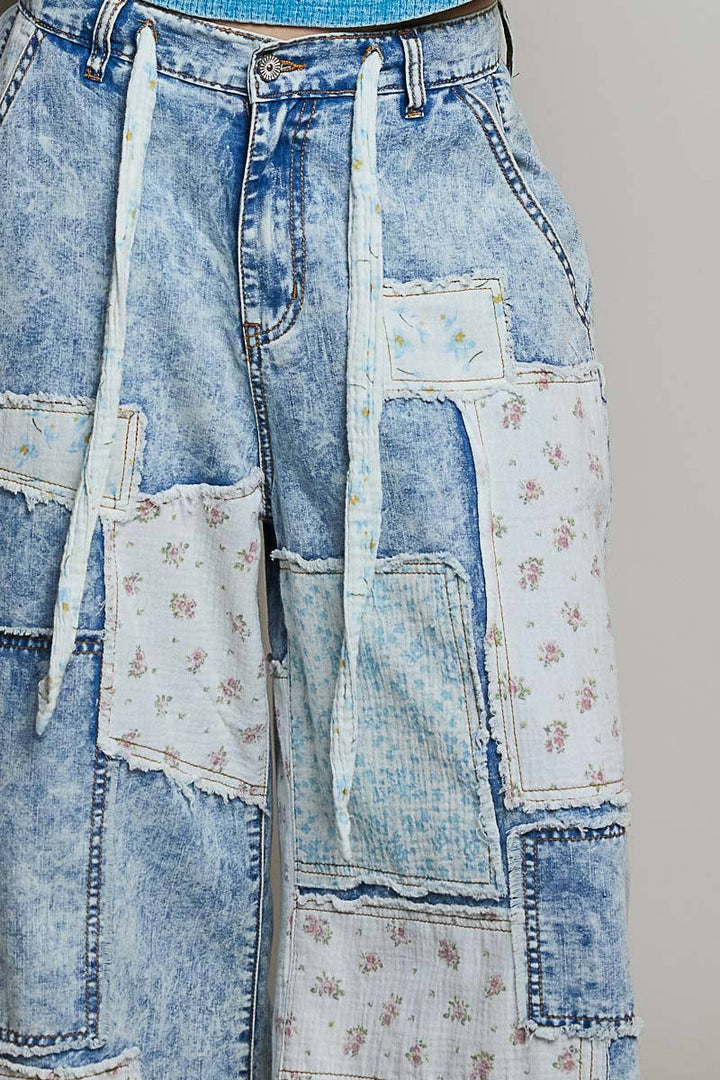 Pol Clothing - Patchwork Detail Denim Straight Fit Pants