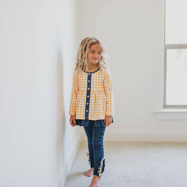 Kids Navy &amp; Mustard Gingham Check Button Pocket Pant Set