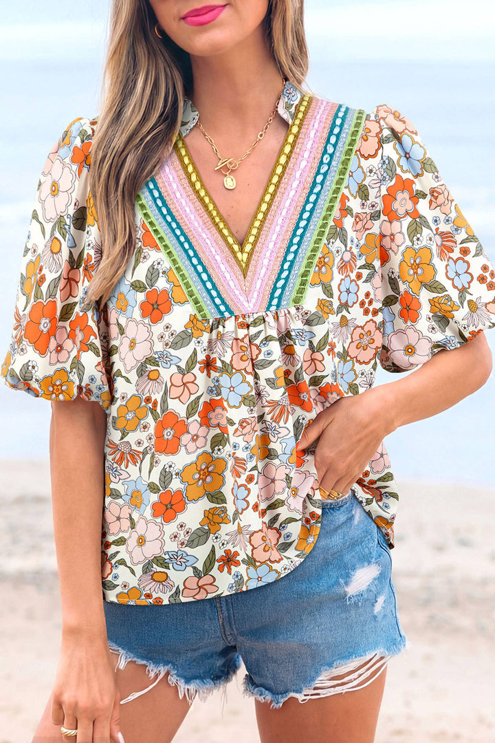 66DISCO - Crochet V Neckline Puff Sleeve Boho Flower Blouse (S-XL)
