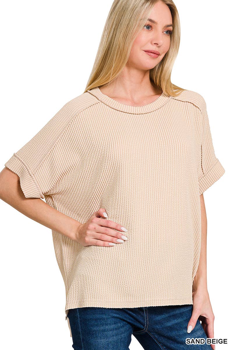 Textured Line Short Cuff Sleeve Raw Edge Top