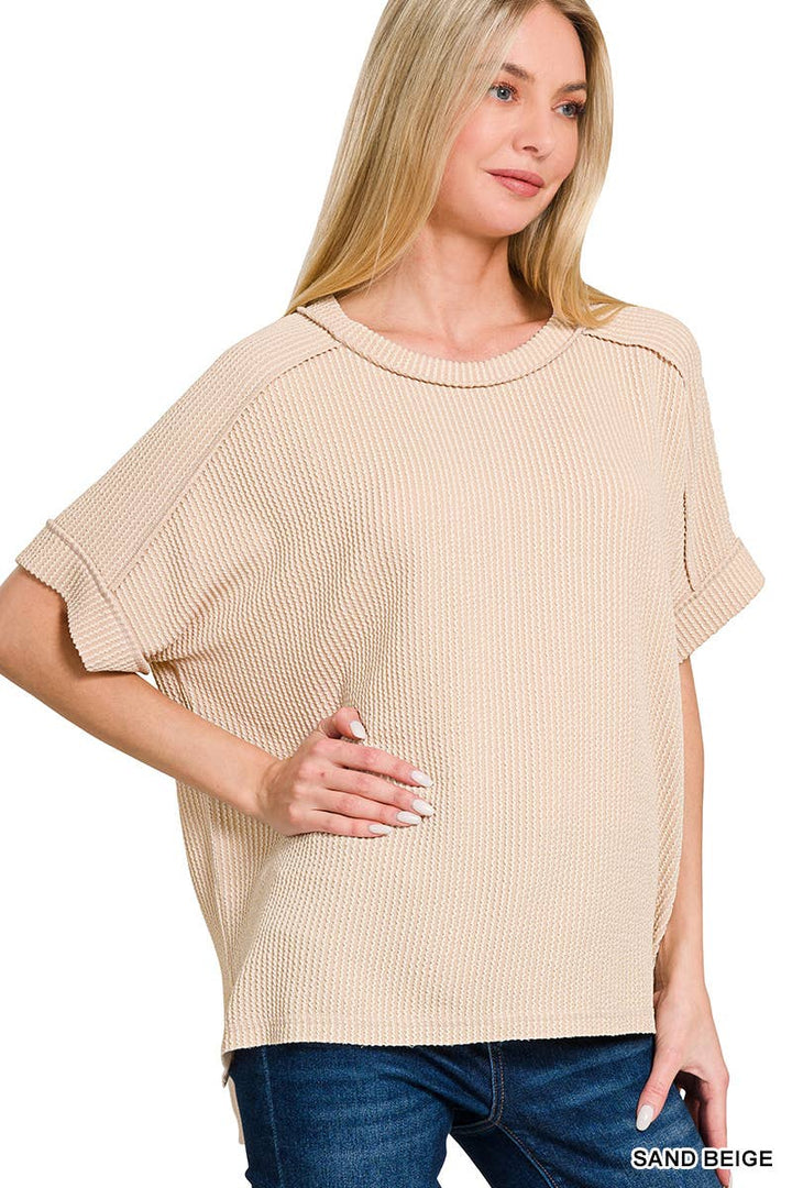 Textured Line Short Cuff Sleeve Raw Edge Top