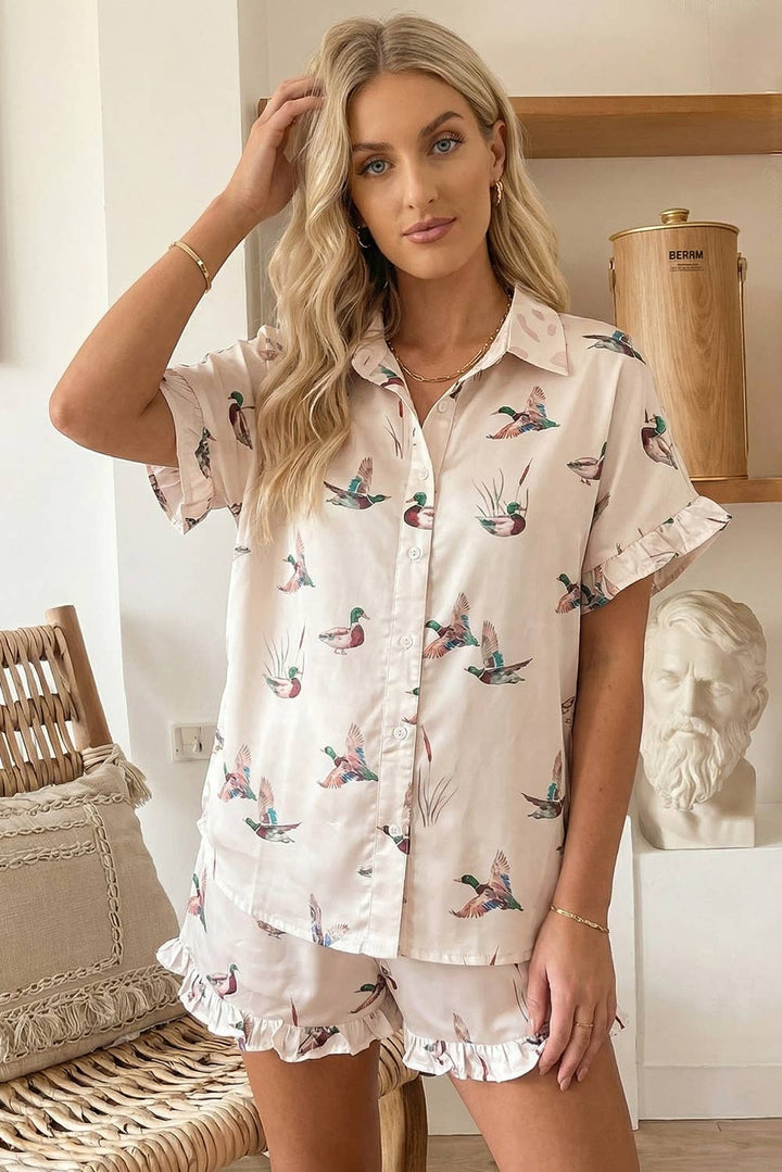 Mallard Print Ruffle Trim Top and Shorts Lounge Set