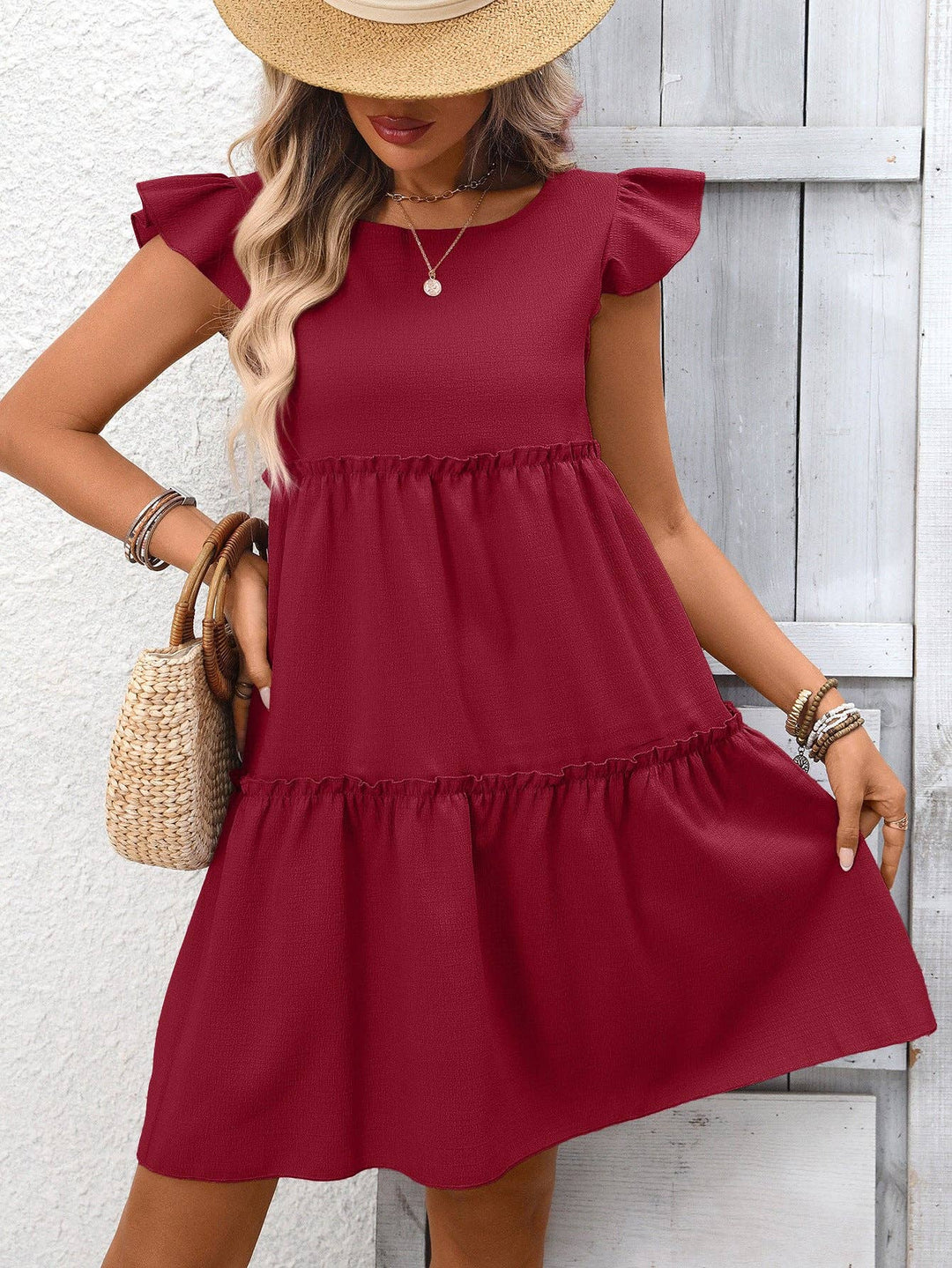 Ruffle Sleeve Tiered Boho Summer Dress Casual Solid Style