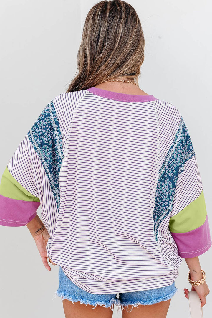 Aapparella - Stripe Floral Raw Edge Patchwork Bracelet Sleeve Top | S-XL
