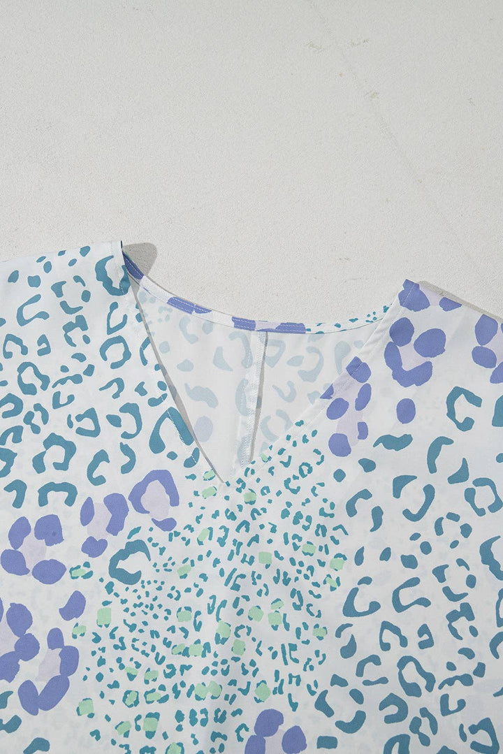 Lovesoft - Sky Blue Mixed Leopard Print V Neck Short Sleeve Blouse