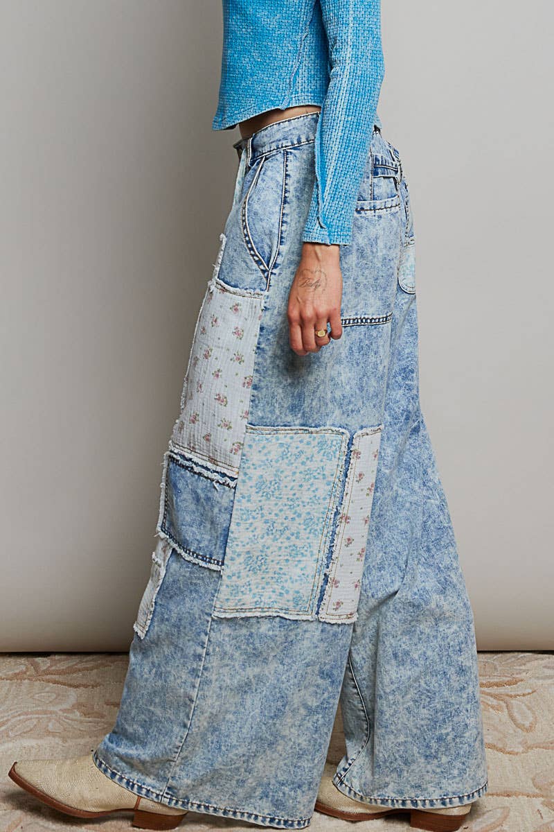Pol Clothing - Patchwork Detail Denim Straight Fit Pants