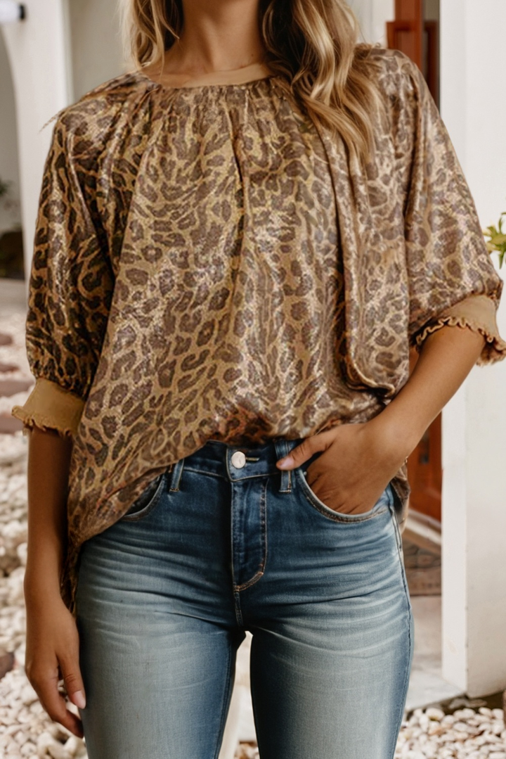 Little Daisy Closet - LDC Leopard Print Color Block Patchwork Half Sleeve Blouse