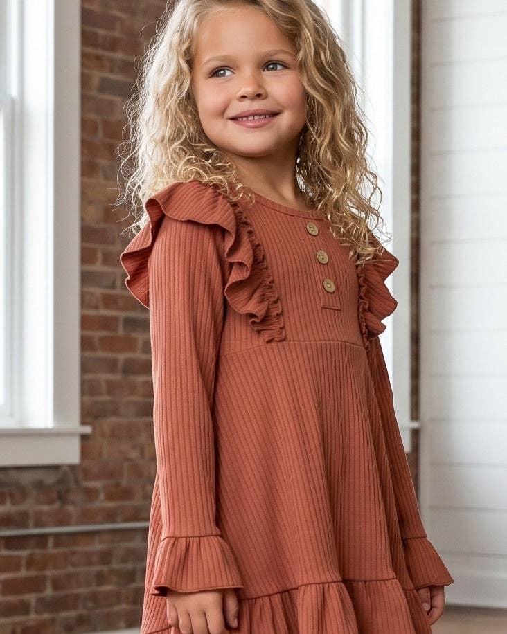 Kids Brown Toffee Ribbed Long Sleeve Button Ruffle Shirt