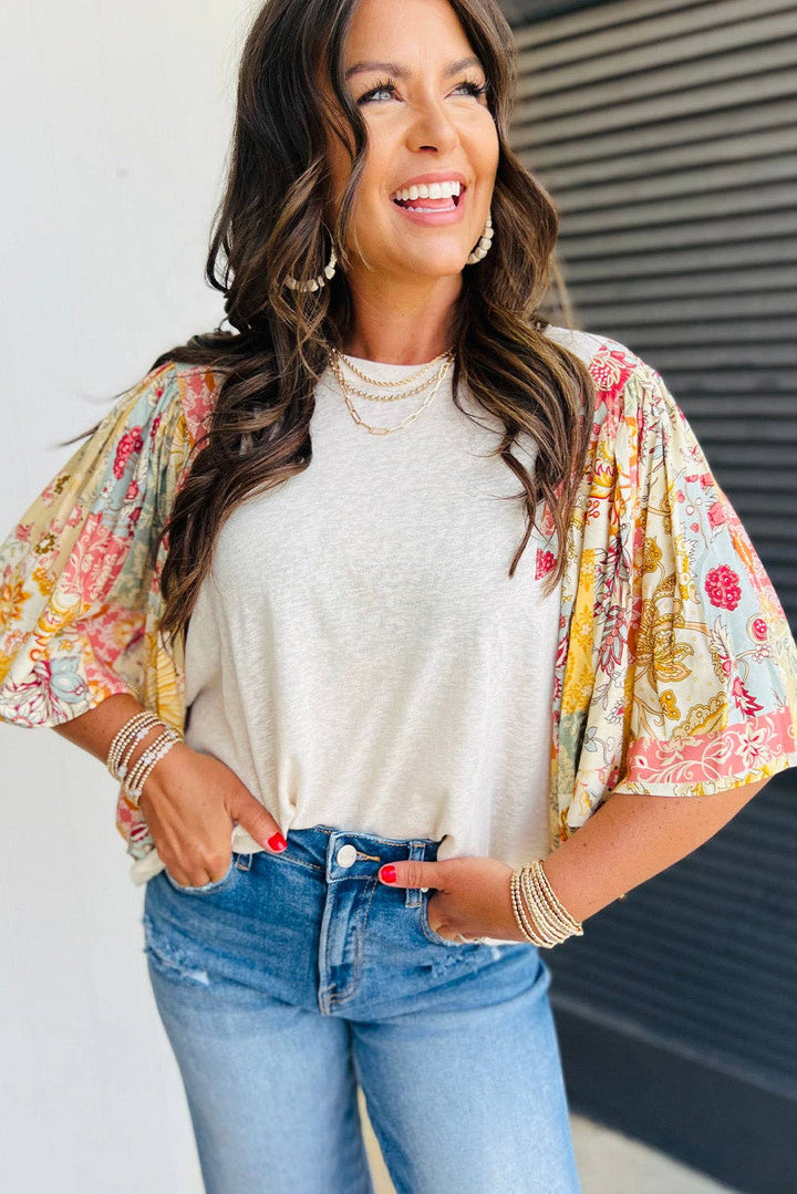 Beige Floral Patchwork Batwing Sleeve Round Neck Blouse