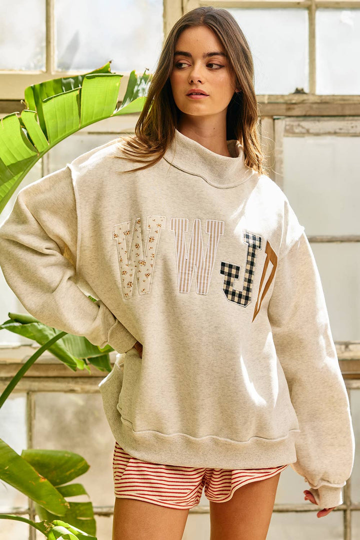 BUCKETLIST INC - IT2594E-WWJD1 | WWJD Embroidered Mock-neck Sweatshirt