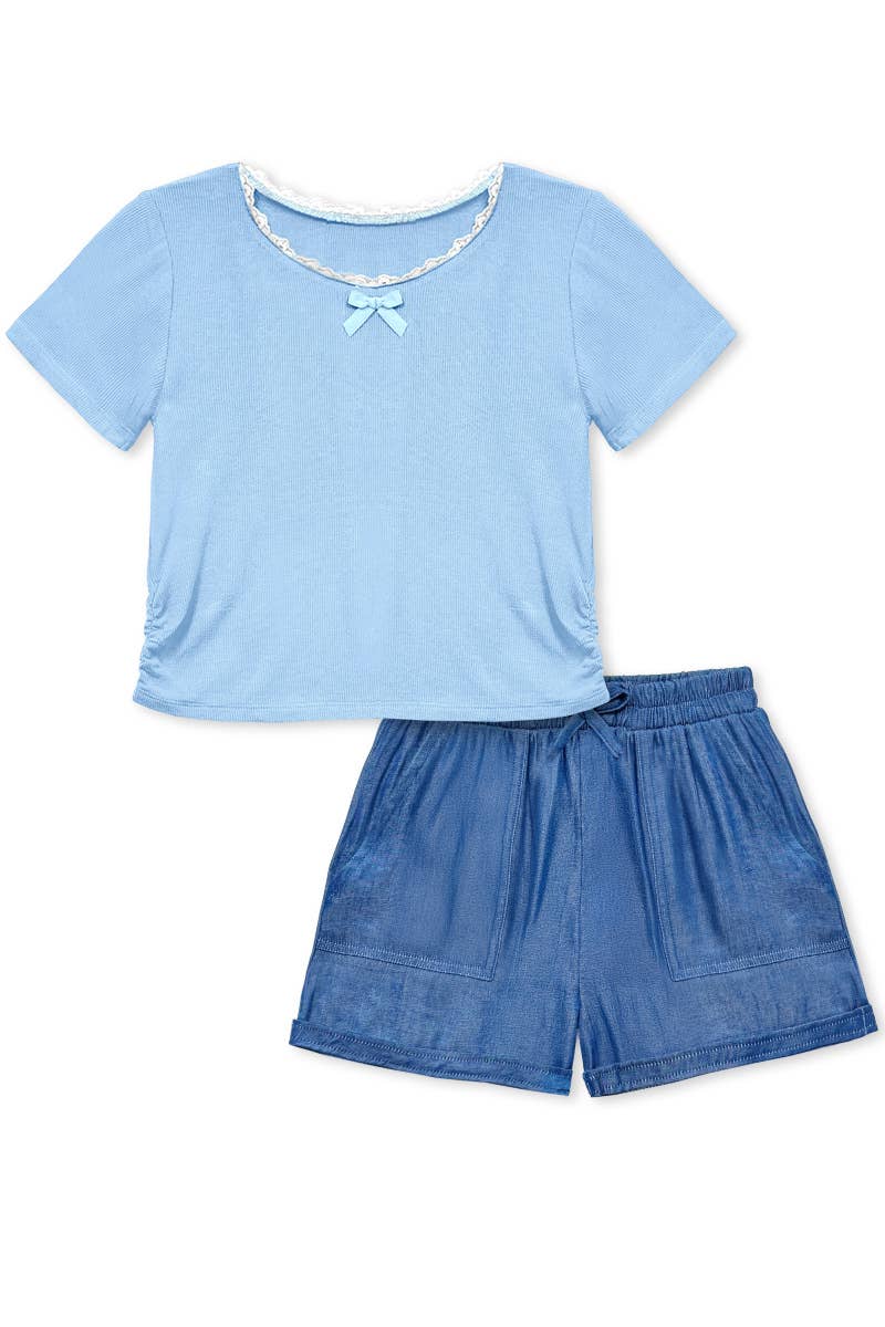 Toddler 2 pc Ribbed Knit/Chambray Short Set