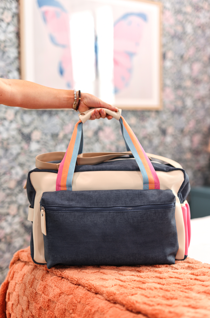 Jadelynn Brooke - Duffle Bag – Denim Print Color Block – Denim/Cream/Mint