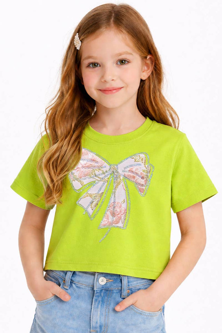 Girls Crop Tee w/ Bow Patch &amp; Rhinestone