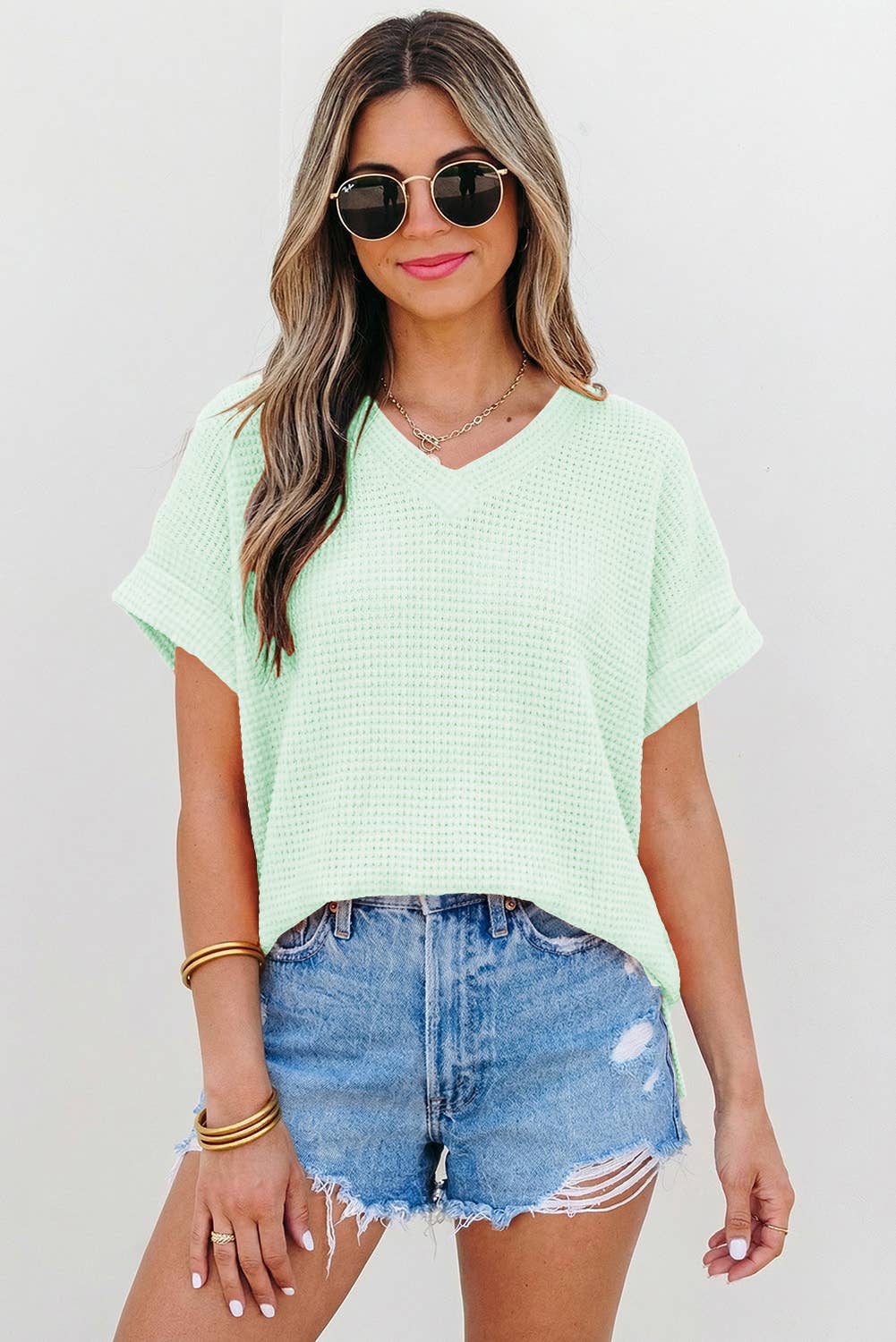 Aapparella - Waffle Texture V Neck Short Sleeve Knit Top | S-XL