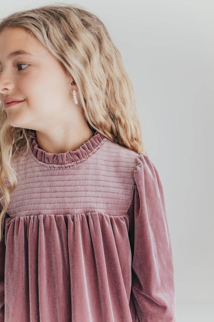 Girls Dusty Rose Smocked Velvet Fancy Holiday Party Dress