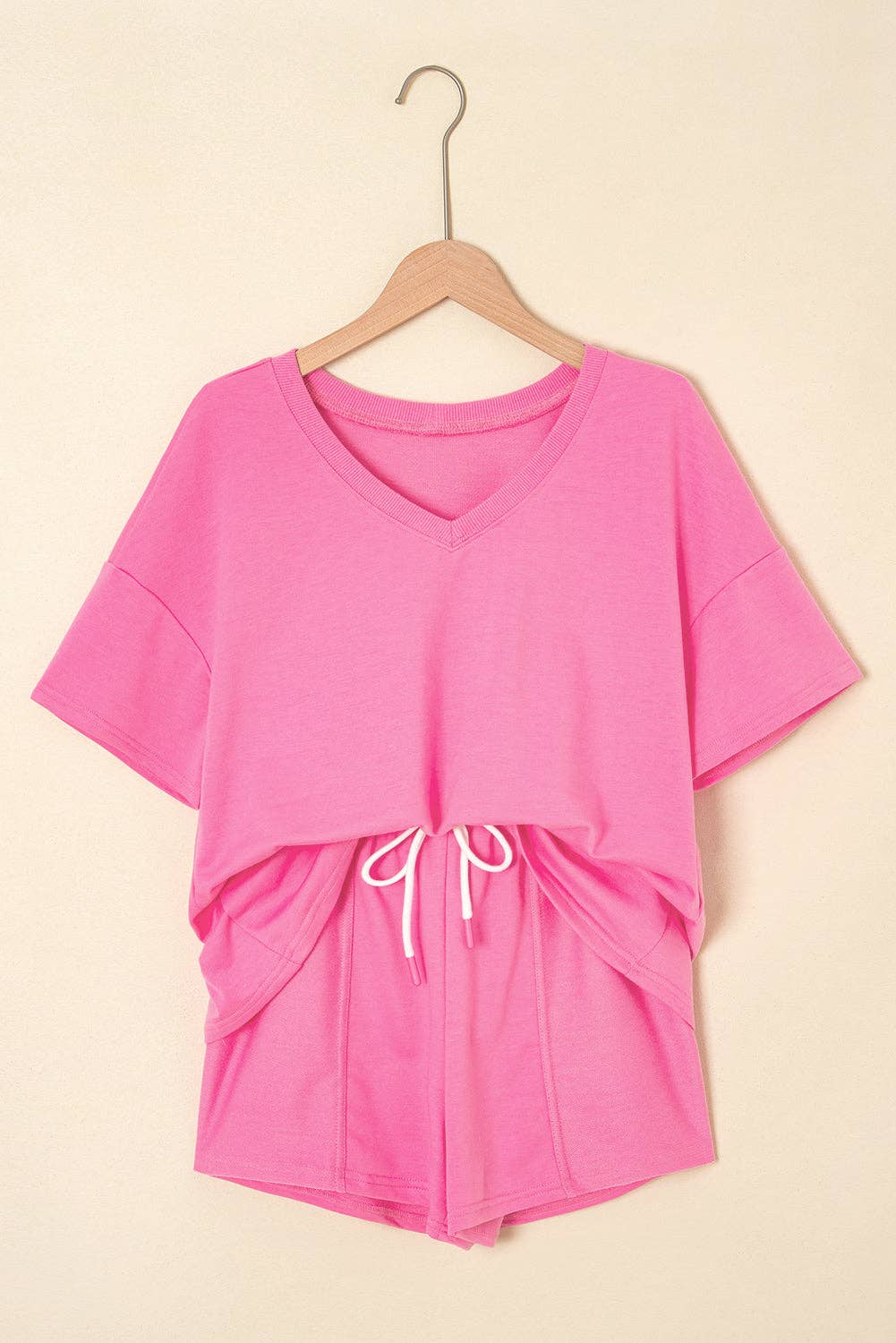 Green V Neck Lounge Set Drawstring Shorts 2 Piece