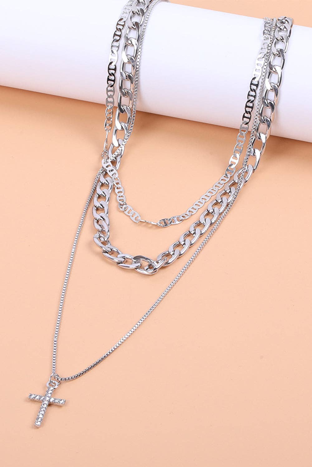 Gold Layered Chain Cross Pendant Necklace Set