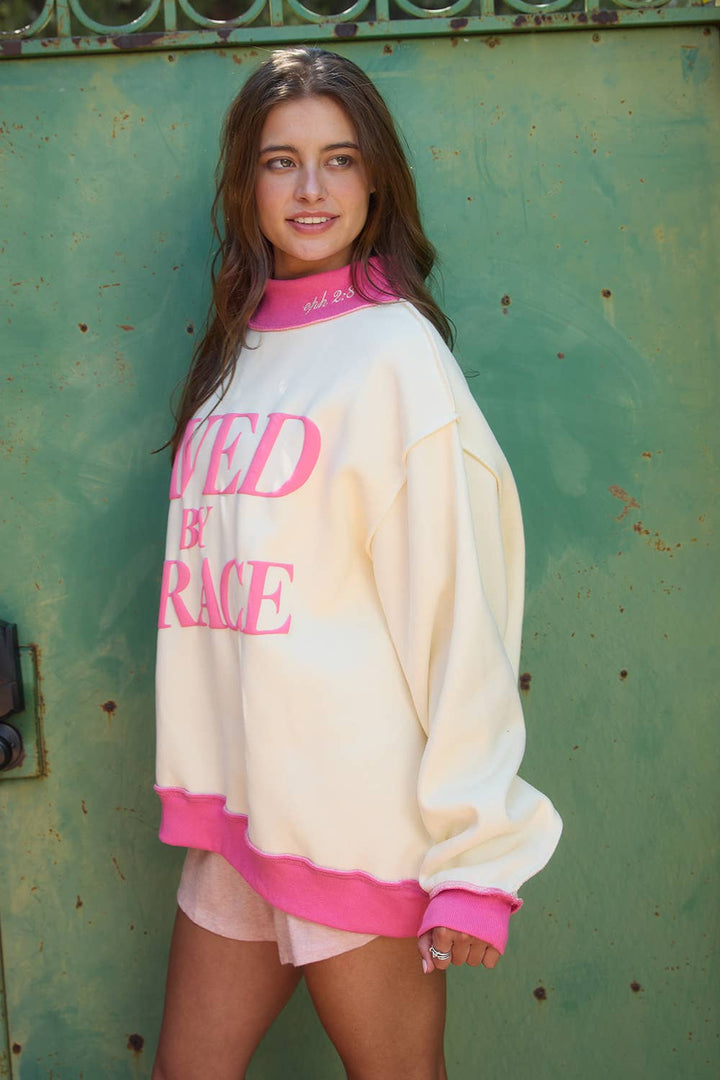 BUCKETLIST INC  Saved by Grace Puff Print Sweatshirt