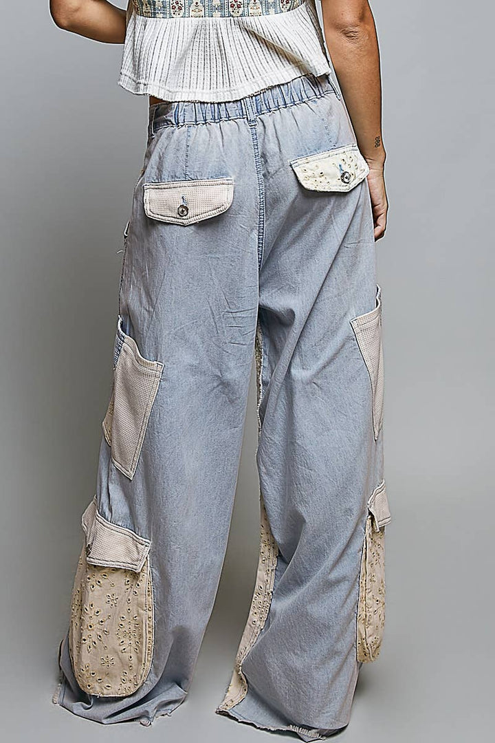 Pol Clothing - Solid Floral Metal Button Vintage Washing Laser Cut Pants