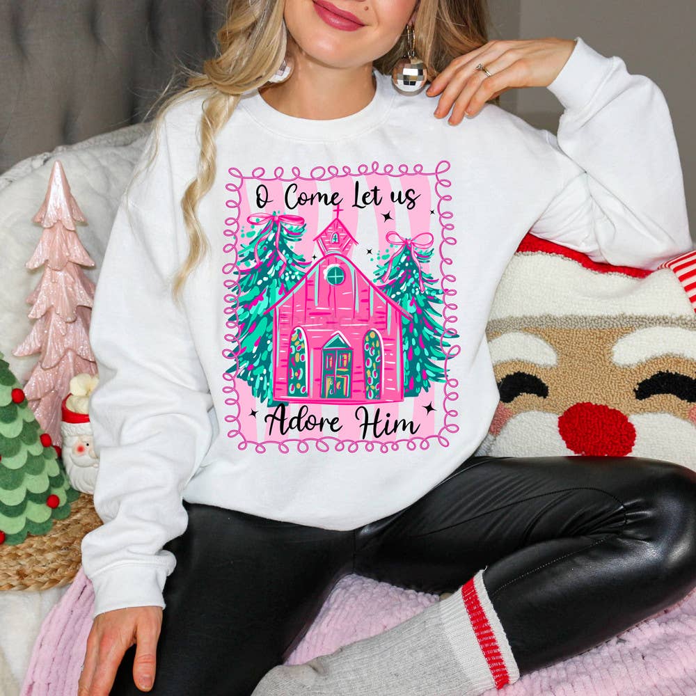 Trendy Transfers - O Come Let Us Adore Him Pink Church DTF Heat Transfer