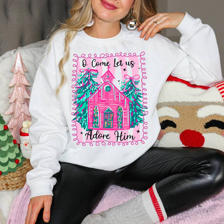 Trendy Transfers - O Come Let Us Adore Him Pink Church DTF Heat Transfer