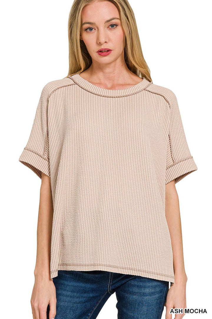 Textured Line Short Cuff Sleeve Raw Edge Top