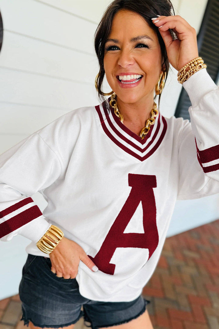 Varsity Letter Patch V Neck Football Game Day Sweatshirt
