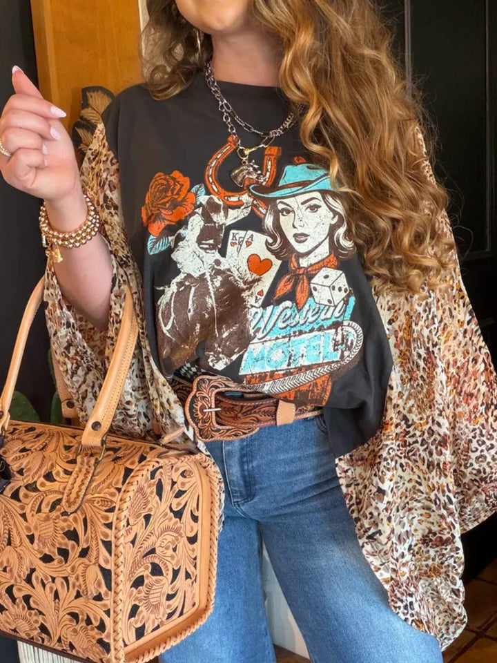 Rosa Clothing - Western Horses Country Rock Graphic Kimono Sleeves Tees