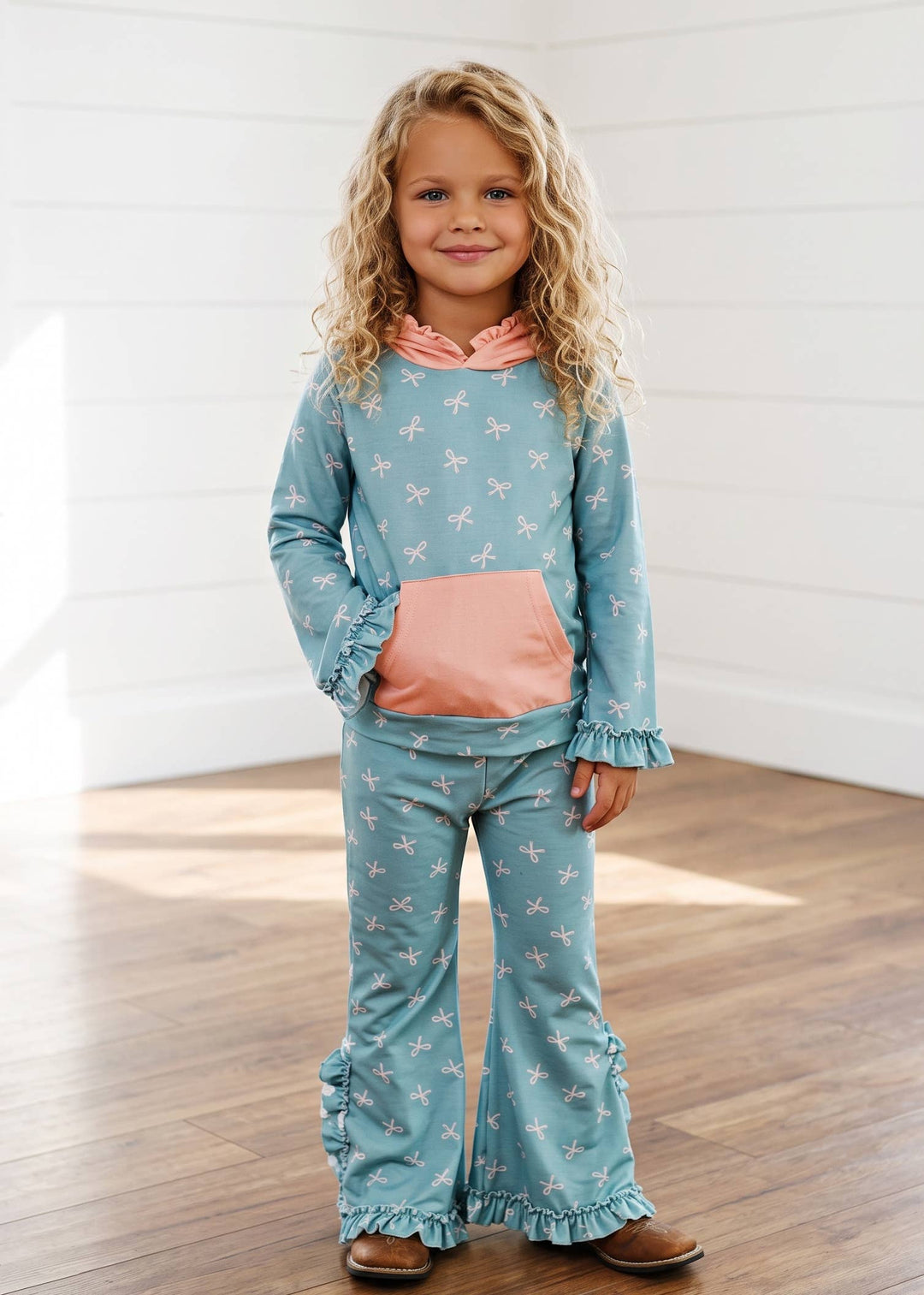 Kids Lucy Teal &amp; Pink Bow Hooded Ruffle Pocket Lounge Set