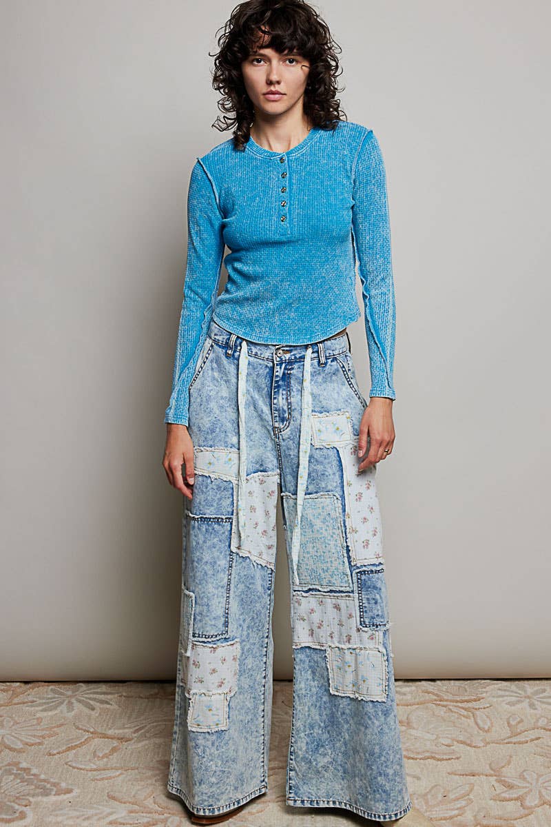 Pol Clothing - Patchwork Detail Denim Straight Fit Pants