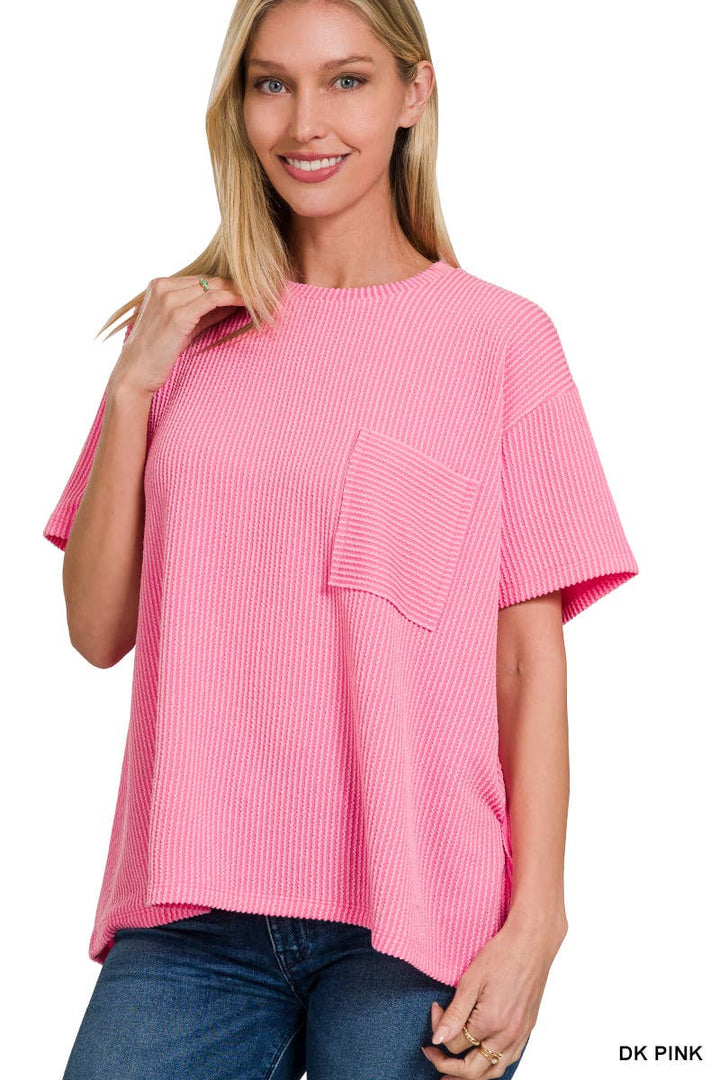 42POPS - Corded Rib Short Sleeve Front Pocket Top