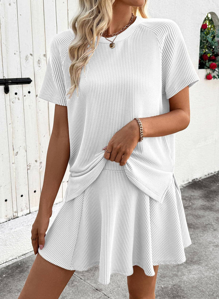 Ribbed Knit Skort Set Short Sleeve Top 2 Piece Outfit