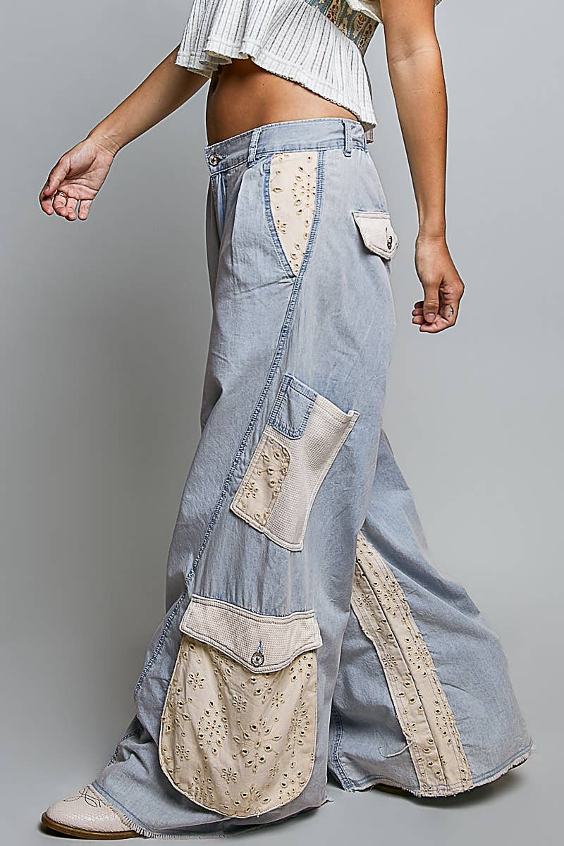 Pol Clothing - Solid Floral Metal Button Vintage Washing Laser Cut Pants