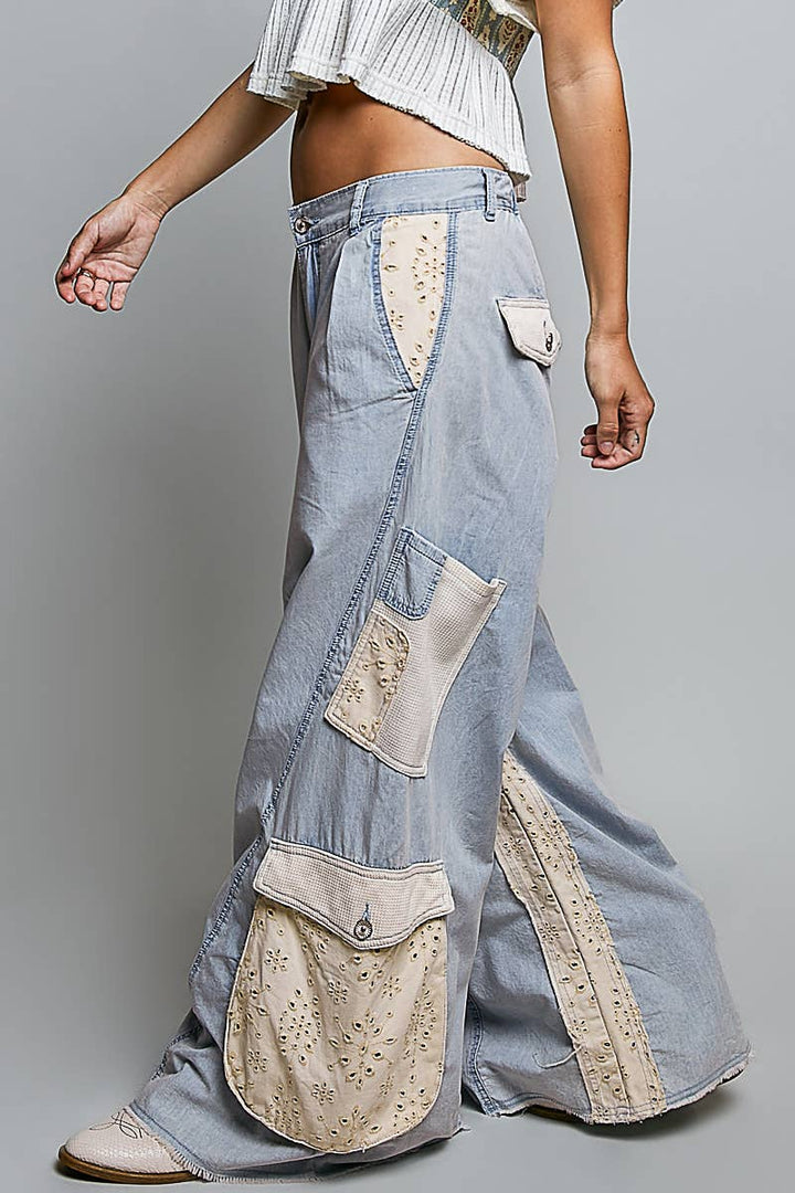 Pol Clothing - Solid Floral Metal Button Vintage Washing Laser Cut Pants