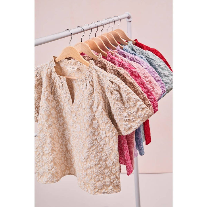 BiBi - FLORAL PATTERN TEXTURE SLEEVES RUFFLED V-NECK TOP