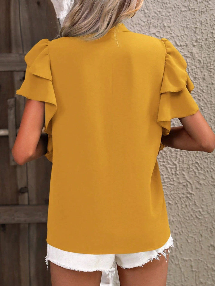 V-Neck Double-Layer Lotus Leaf Sleeve Solid Color Casual Top