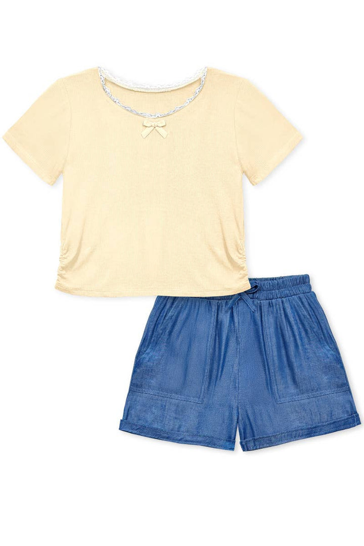 Toddler 2 pc Ribbed Knit/Chambray Short Set