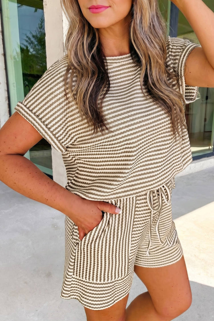 Texture Stripe Knit 2pcs Shorts Set