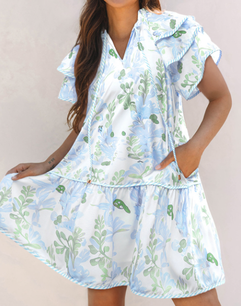 Lovesoft - Pink Floral Contrast Edge Layered Short Sleeve Mini Dress